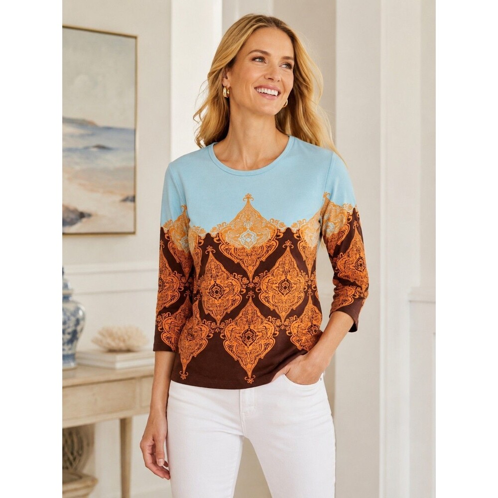 J. Mclaughlin Shirt Signature Catalina Cloth Blue/Brown  Geometric Retro Print M